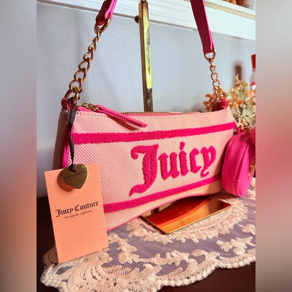 Juicy Couture Pink Chenille Logo Baguette Shoulder Bag w Coin Pouch NWT